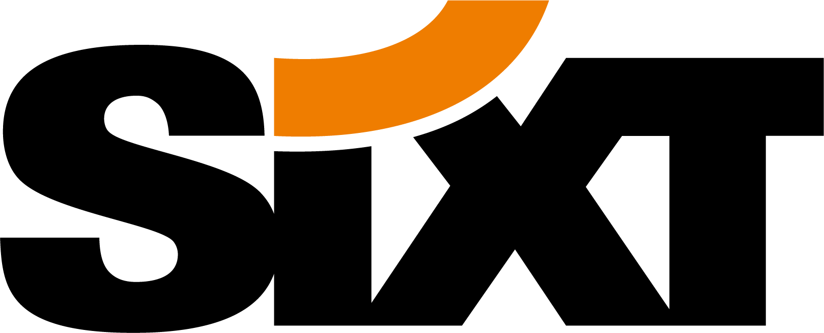 Sixt logo - black text with stylised orange swish as the dot on the letter i 