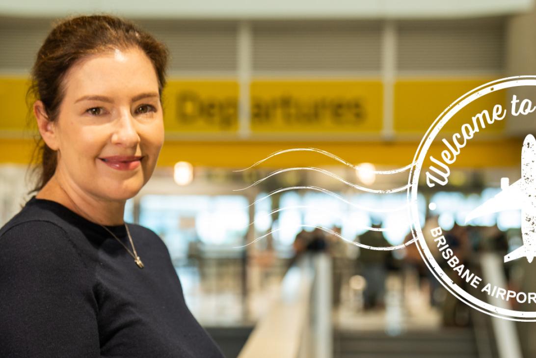 Jodie Punshon at domestic terminal departures Welcome to our World stamp